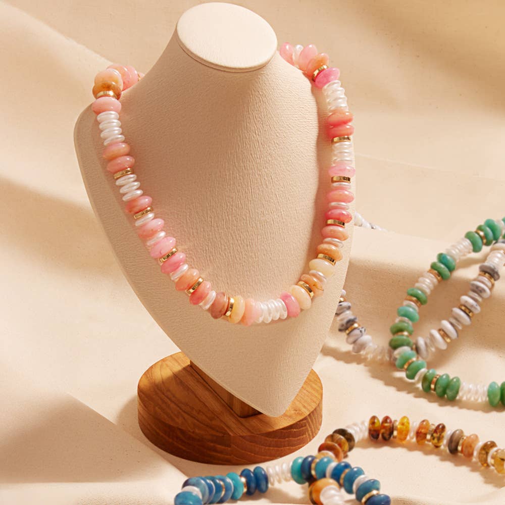 Marbled Round Shaped Beads Pearl Beaded Necklace