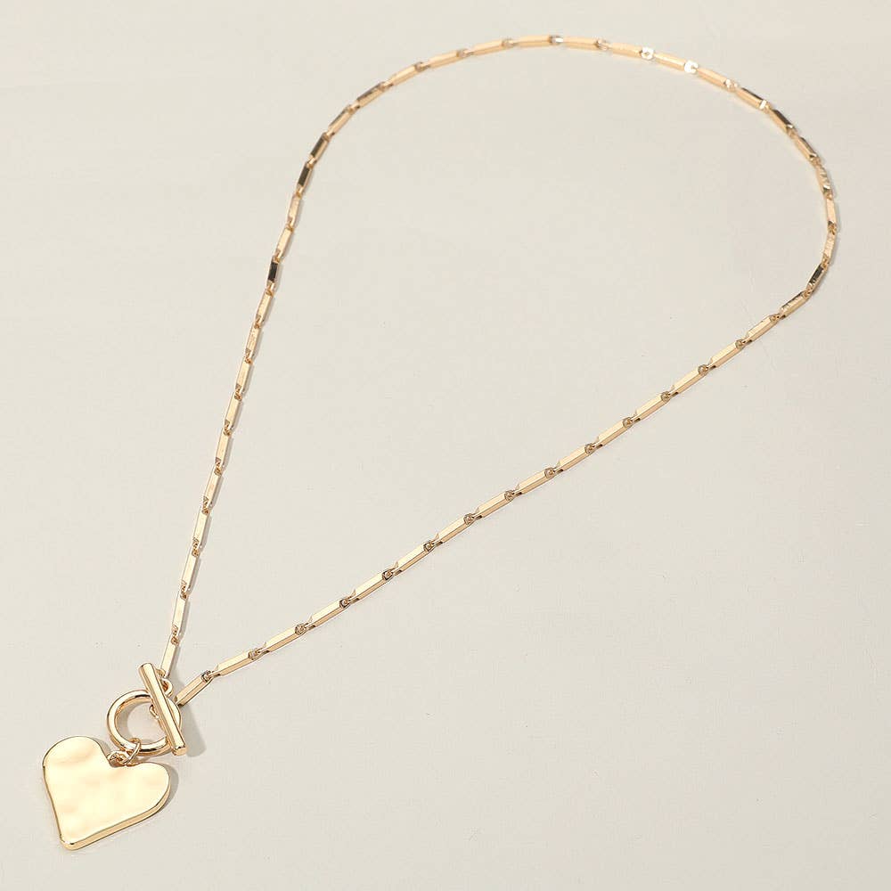 Hammered Metal Heart Pendant Toggle Necklace