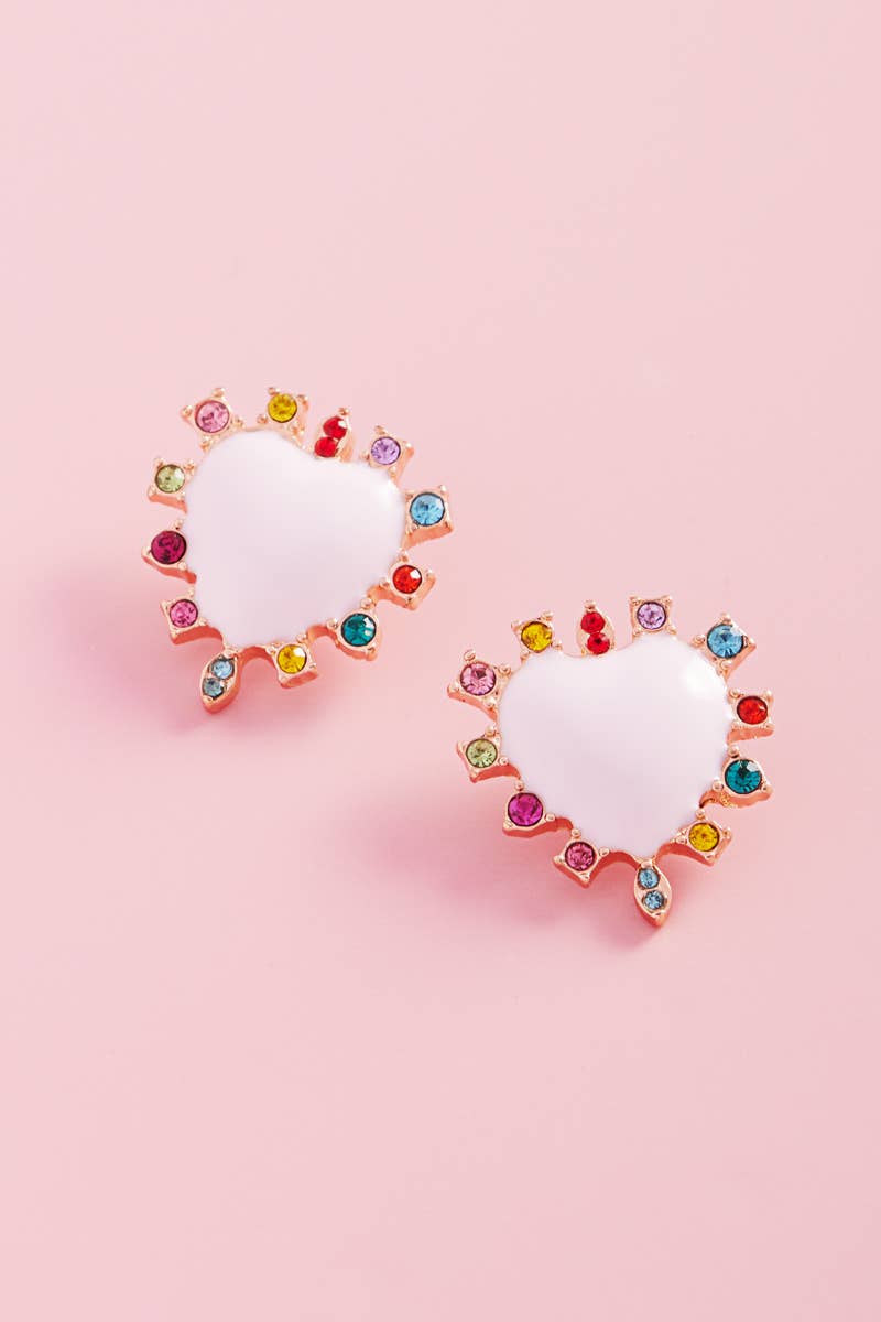 Valentines Heart Enamel Color Stones Post Earrings