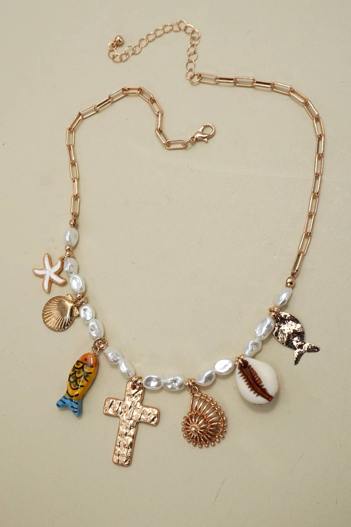 Porcelain Fish Cross Pearl Charm Necklace
