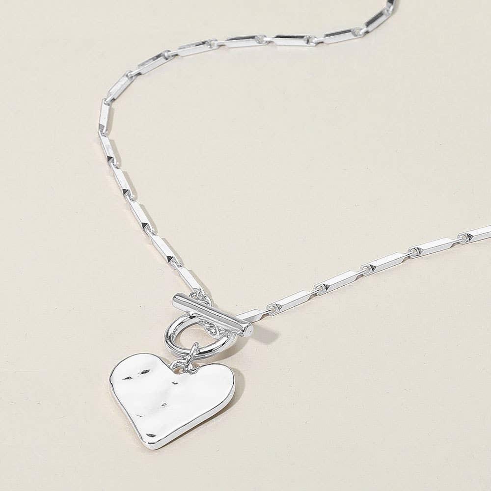 Hammered Metal Heart Pendant Toggle Necklace