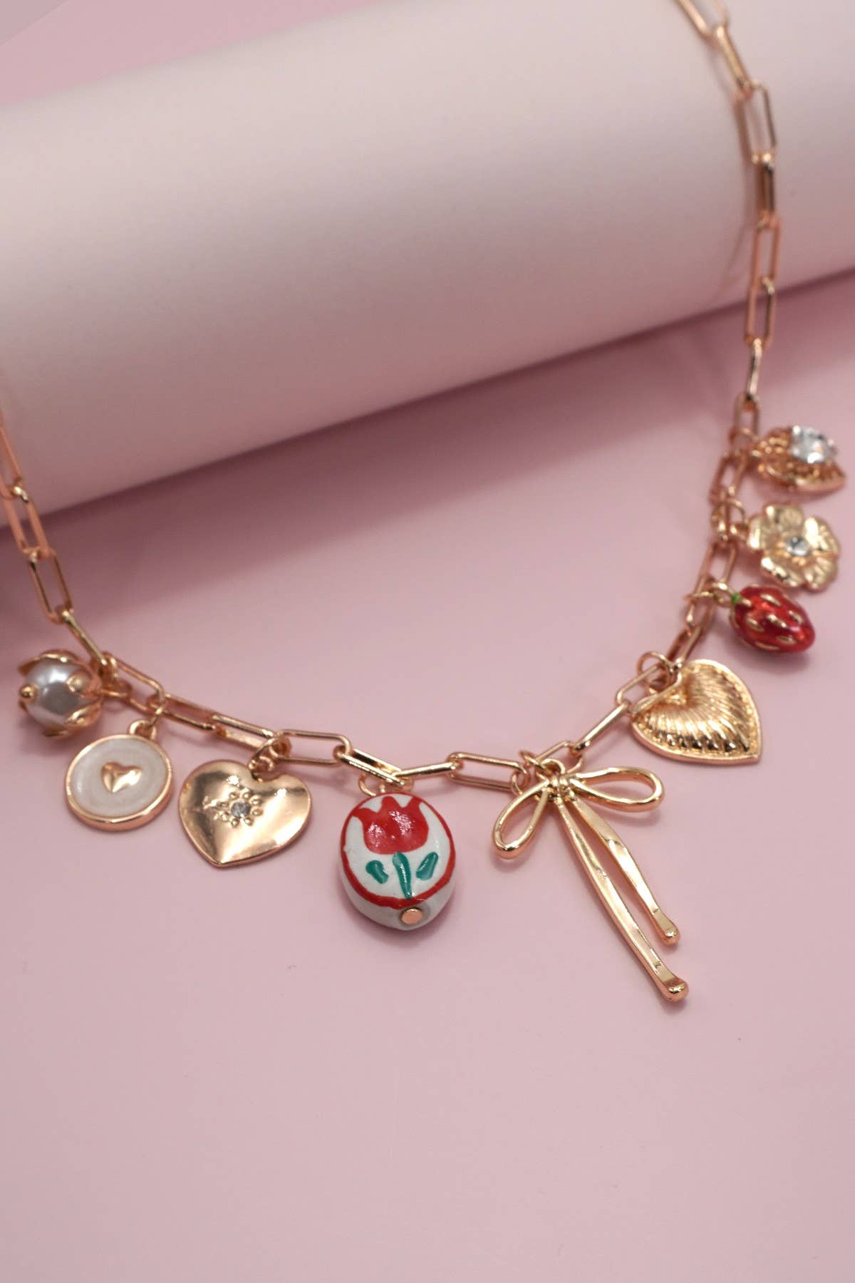 Bow Tolie Floral Heart Charm Necklace