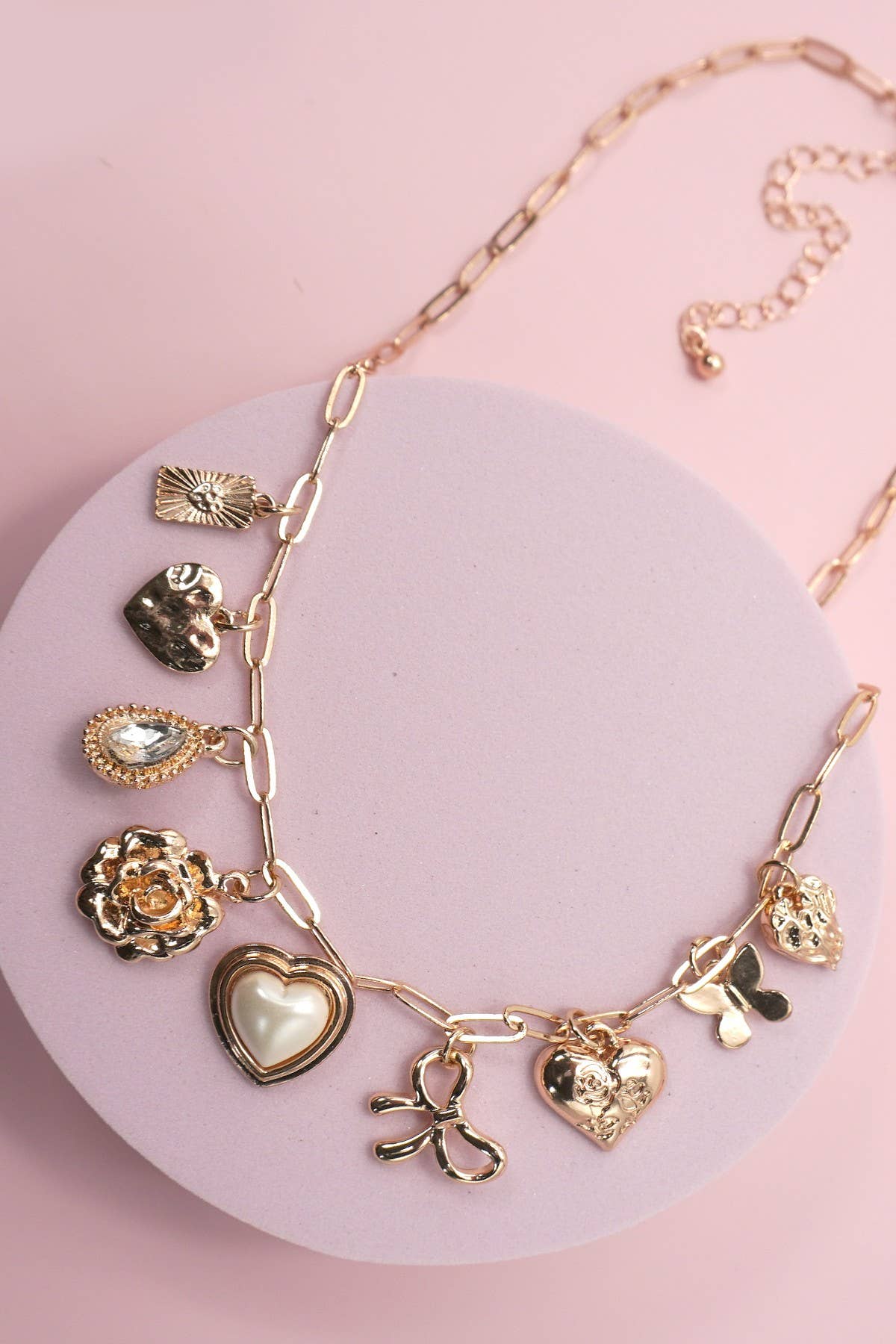 Bow Heart & Rhinestones Charm Necklace