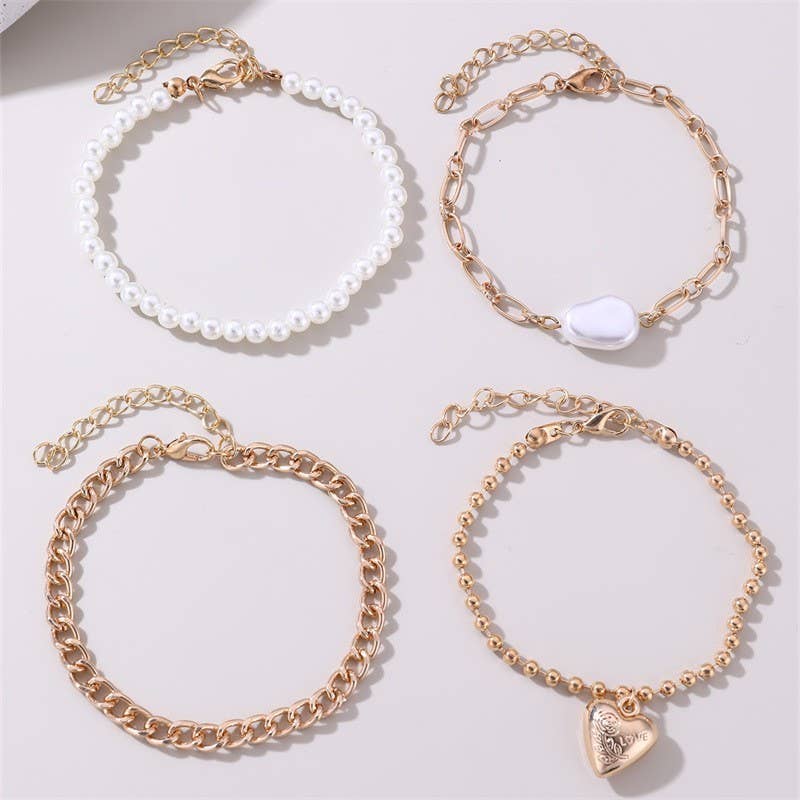 Heart & Pearl Link Bracelet Set