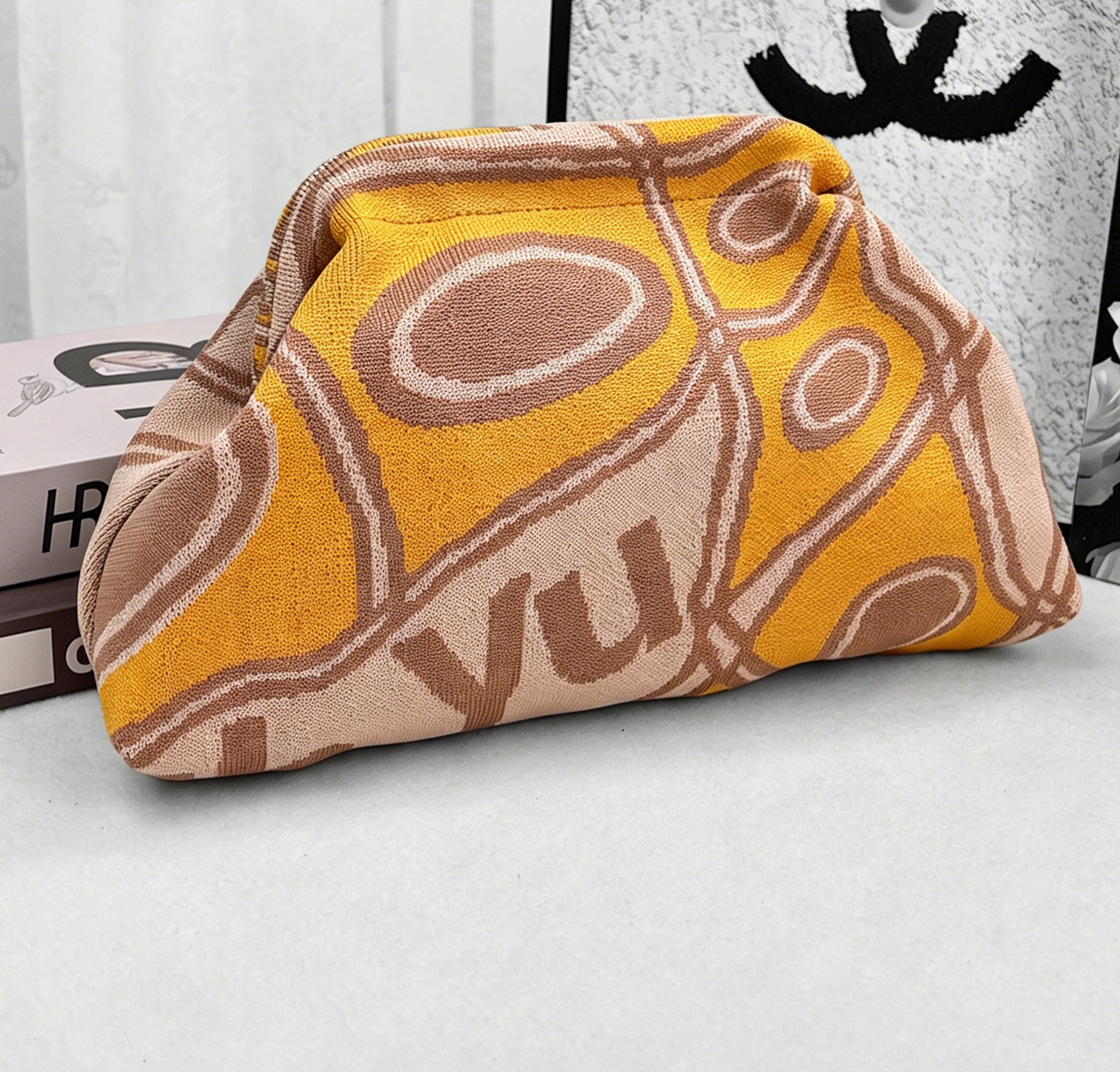 Stripe Knit Cosmetic Bag Geo Pattern Storage Clutch