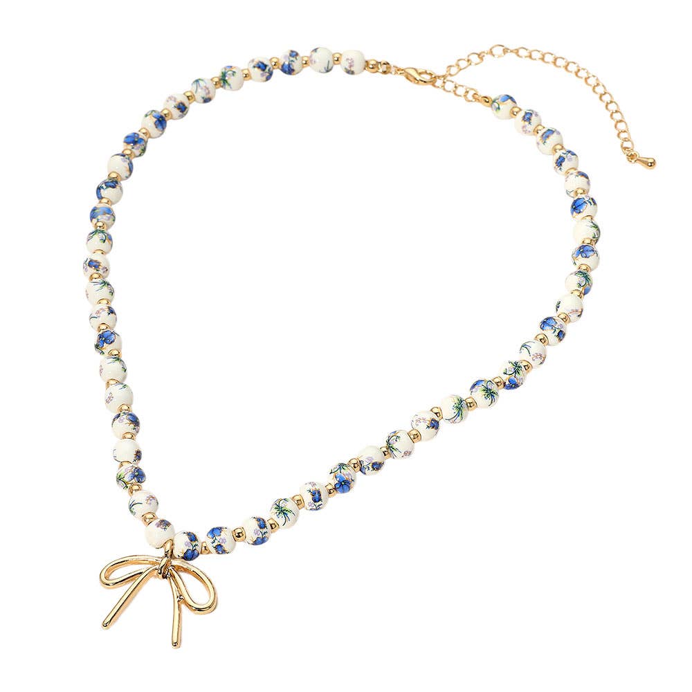 Metal Bow Pendant Floral Printed Ceramic Ball Beaded Necklace