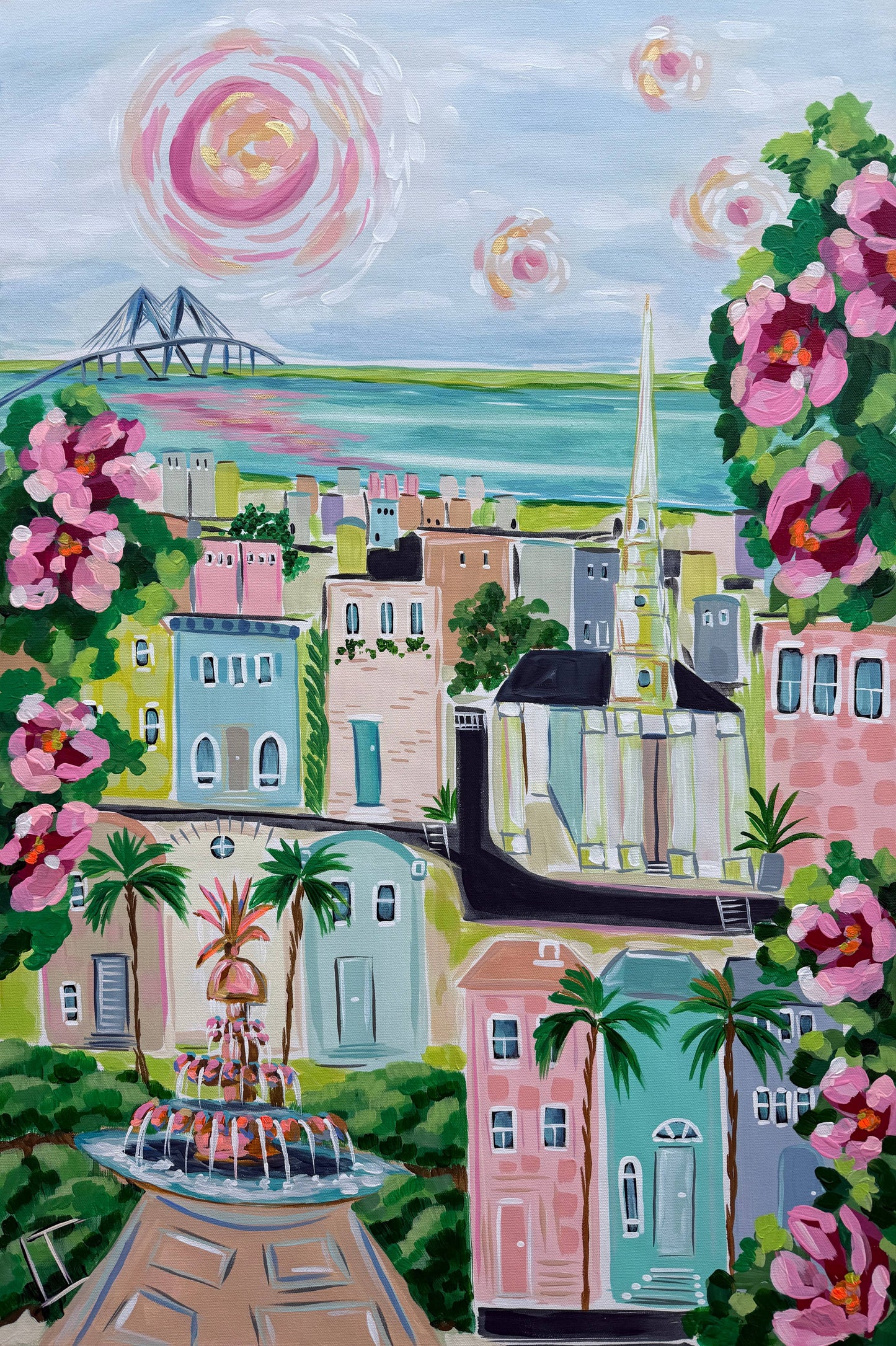 Charleston Inspired Print: Camellias and Rooftops 