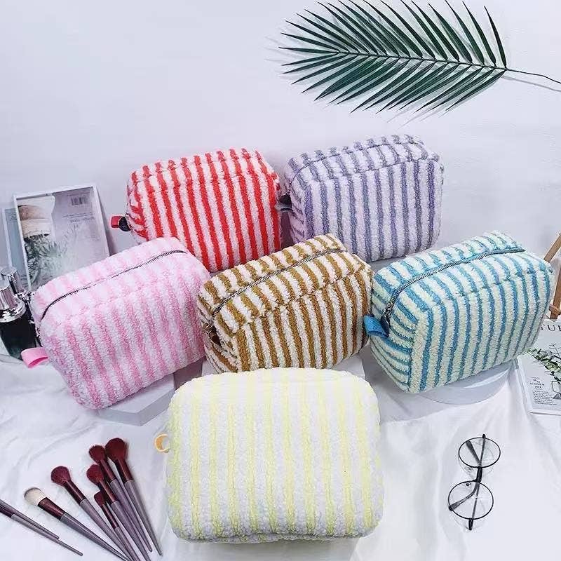 Plush Striped Sherpa Makeup Bag - Cozy Travel Pouch