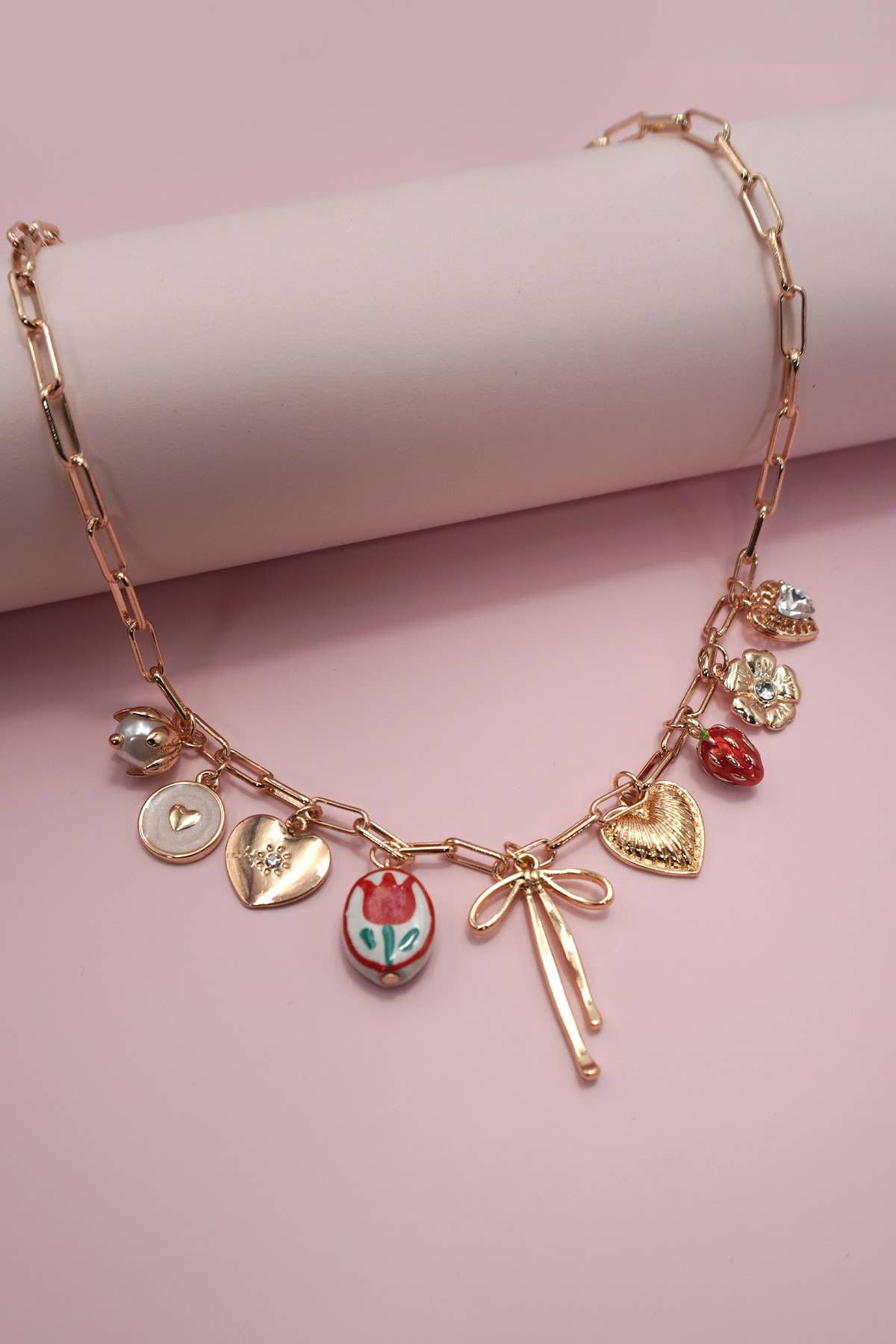 Bow Tolie Floral Heart Charm Necklace