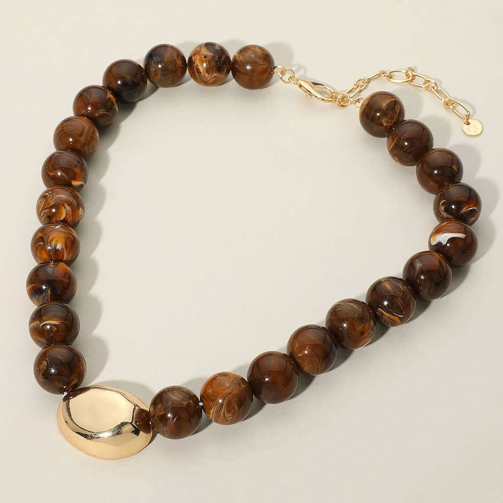 Polished Metal Bean Accent Bold Marbled Ball Beaded Statement Necklace