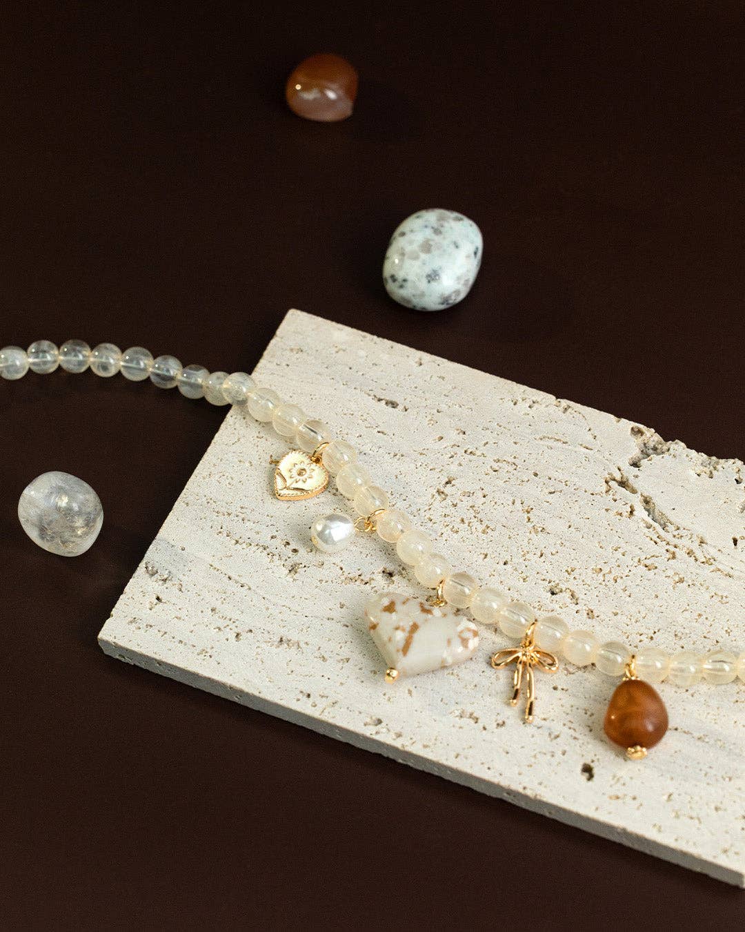 Ivory Jade Marbled Valentine Heart Bead Necklace
