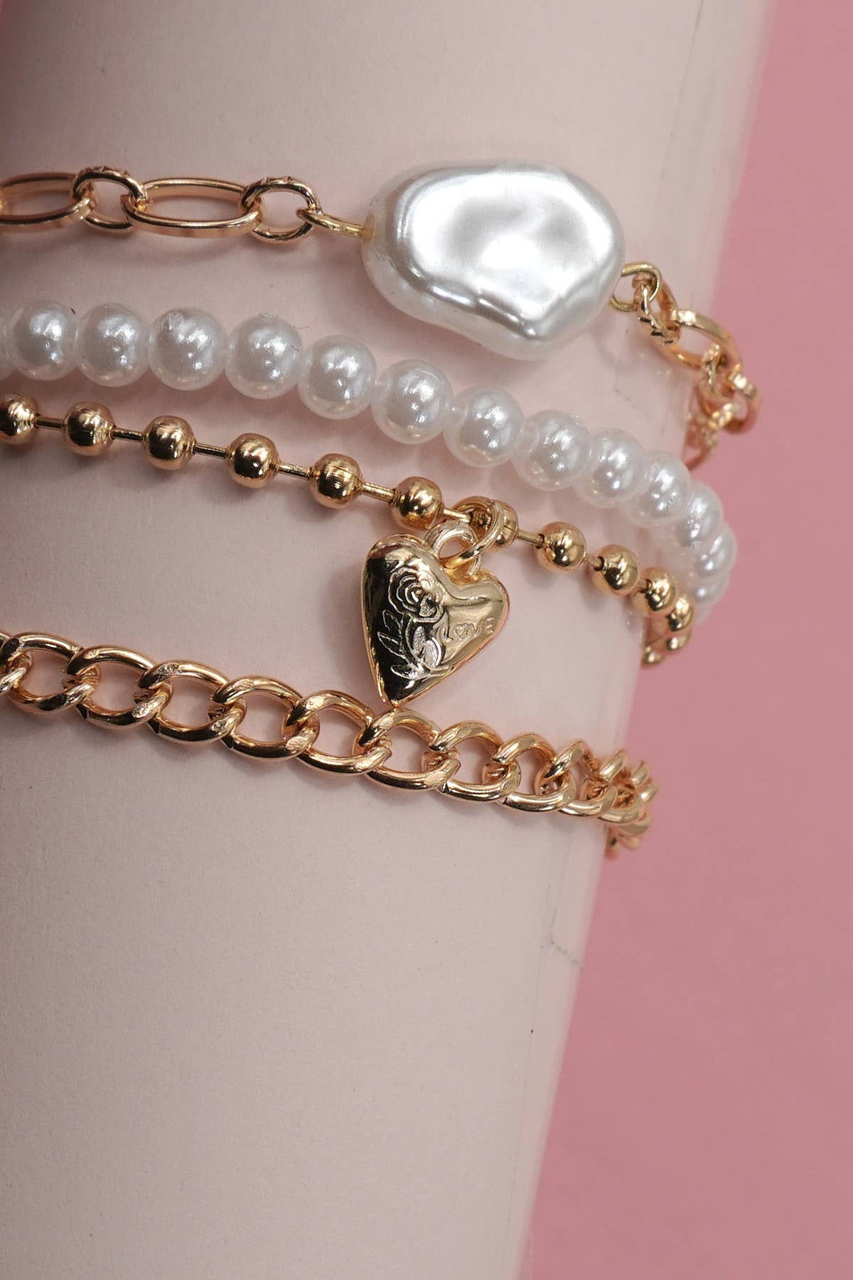 Heart & Pearl Link Bracelet Set