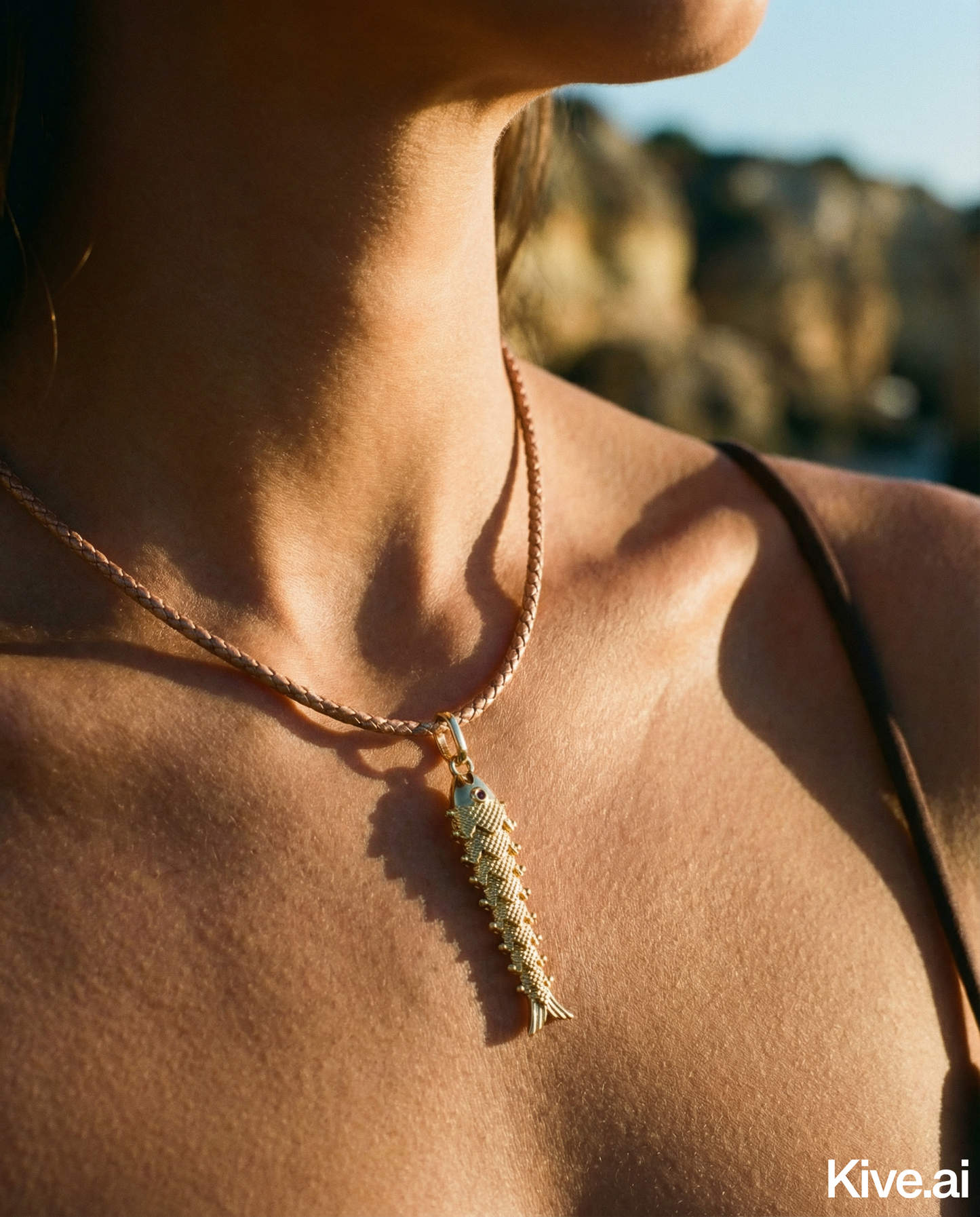 Gold Fish Bone Pendant Necklace