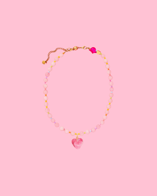 Beaded Necklace - Pink + Multi-Color w/Dangle Heart - Lottie