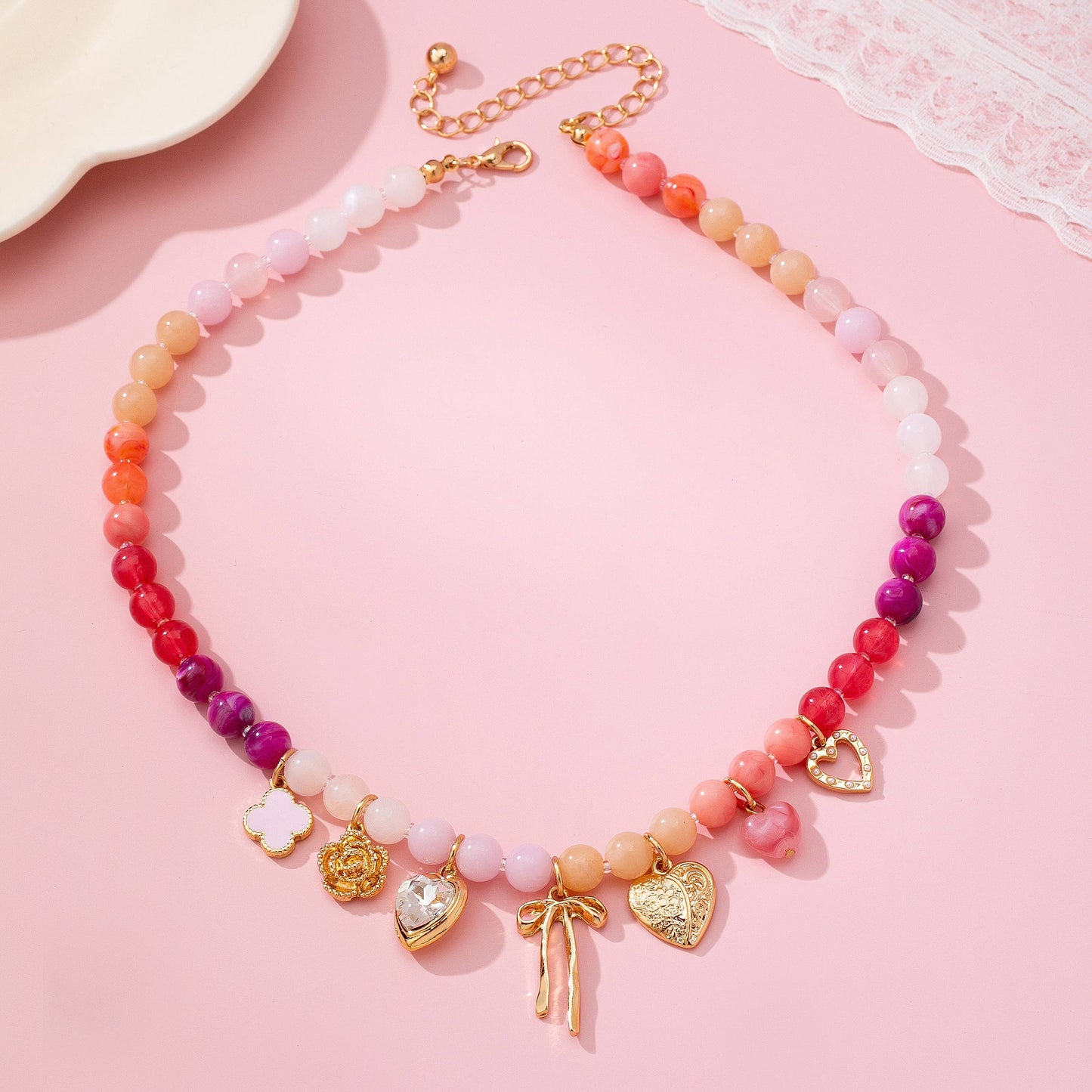 Pastel Beaded Bow Heart Flower Charm Necklace | 80N92704