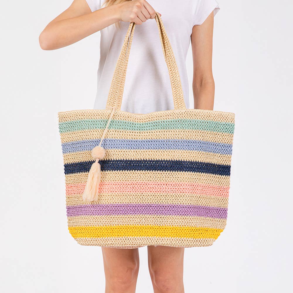Pom Pom Tassel Multi Color Straw Crochet Tote Bag Beach Bag