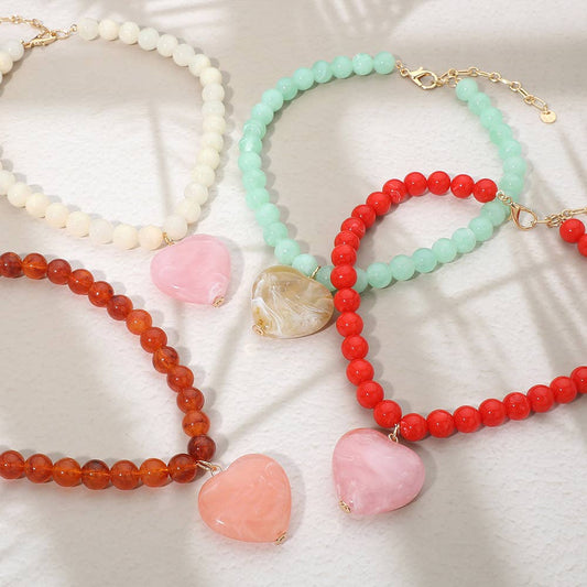 Chunky Marbled Resin Heart Charm Beaded Necklace