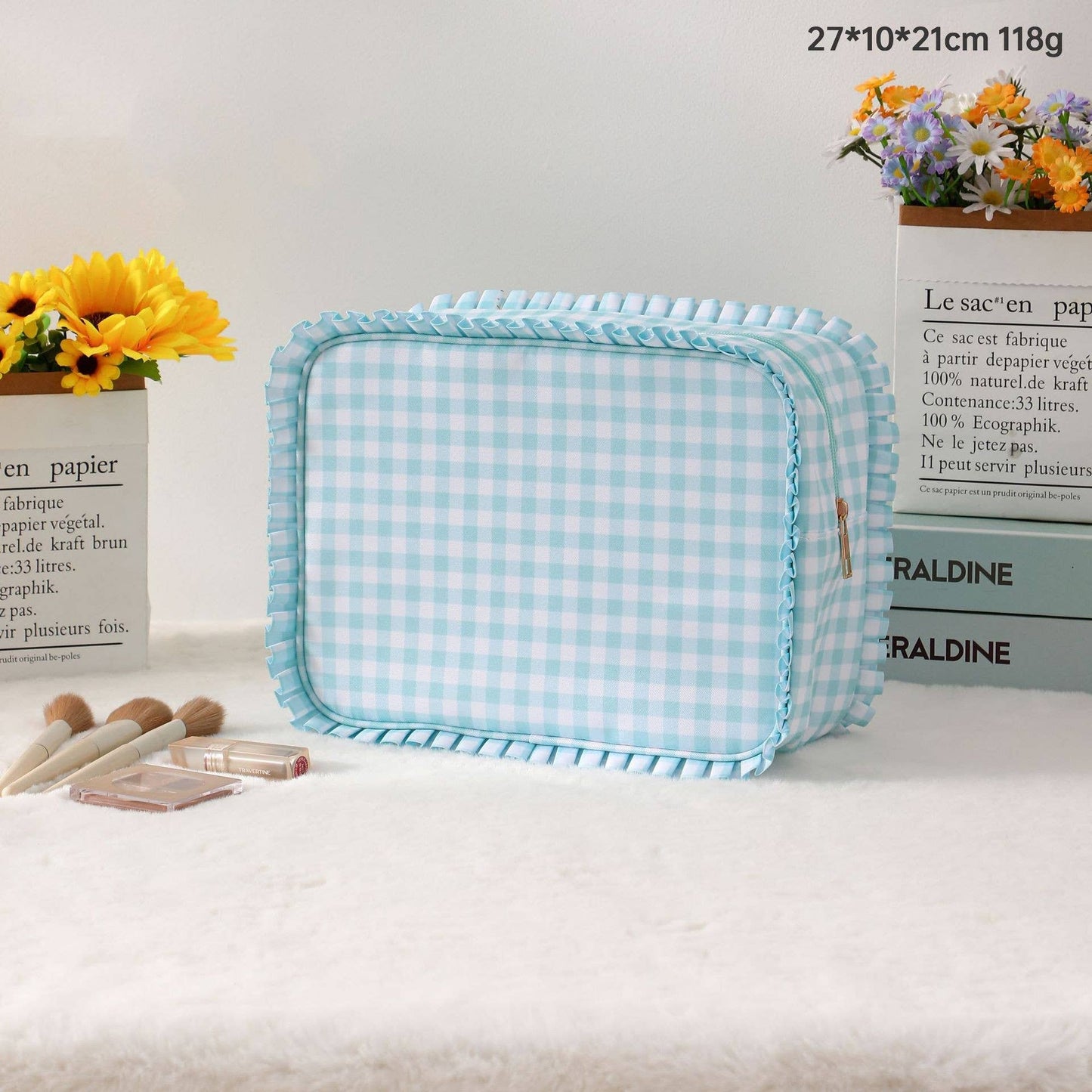 Ruffle Checker Striped Cosmetic Bag