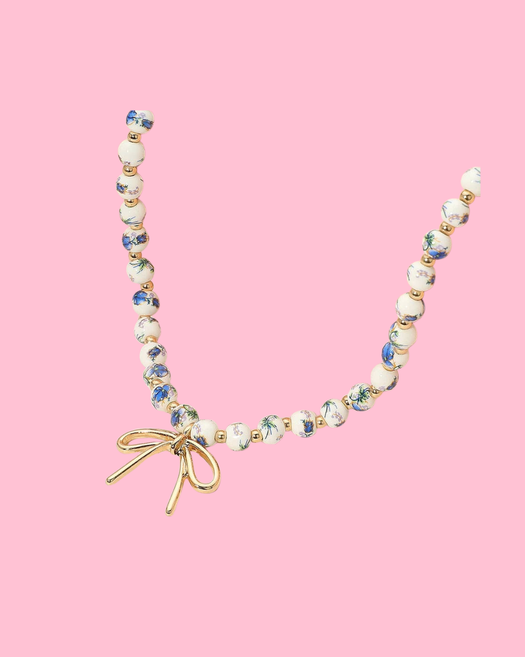 Metal Bow Pendant Floral Printed Ceramic Ball Beaded Necklace