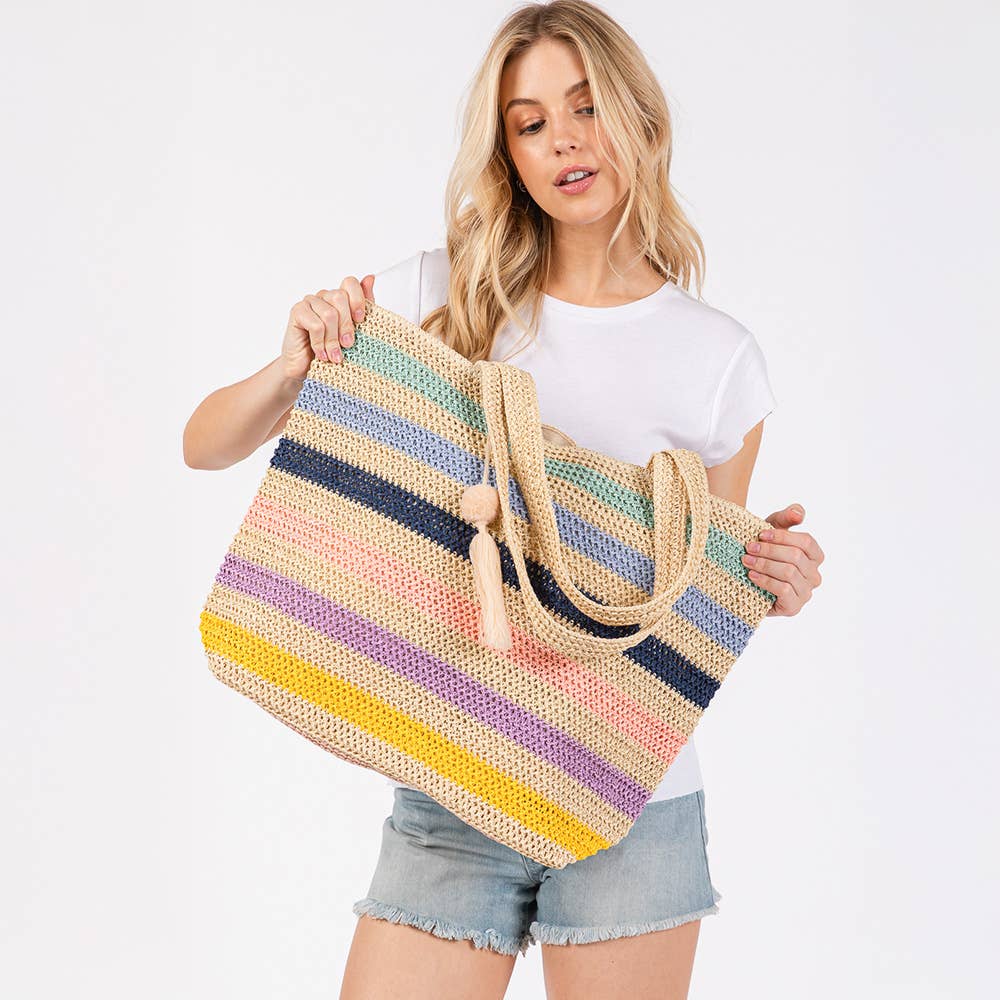 Pom Pom Tassel Multi Color Straw Crochet Tote Bag Beach Bag