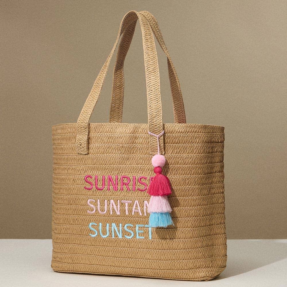 Raffia SUNRISE SUNTAN SUNSET Message Embroidered Summer Tote