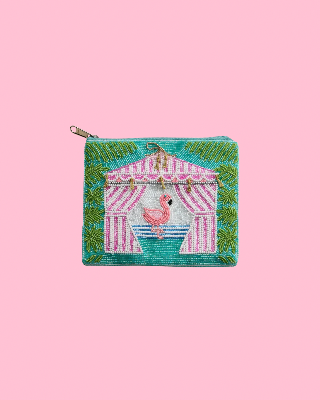 Flamingo Cabana Palm Seed Beaded Mini Pouch Bag