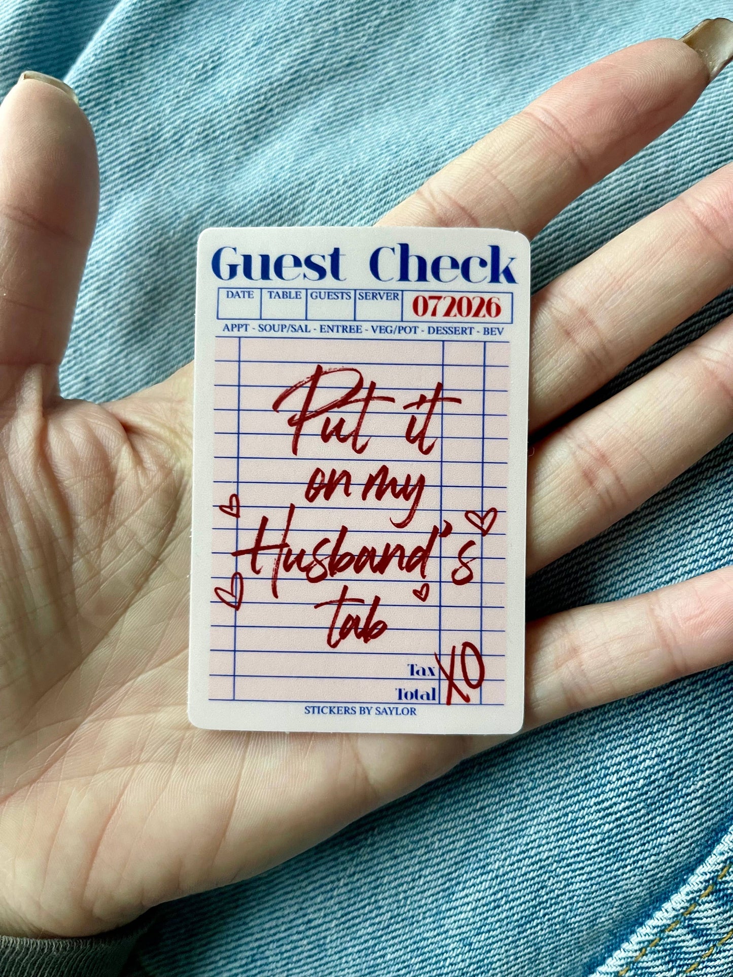 Put it on My Husband’s Tab Guest Check Pink Vinyl Sticker