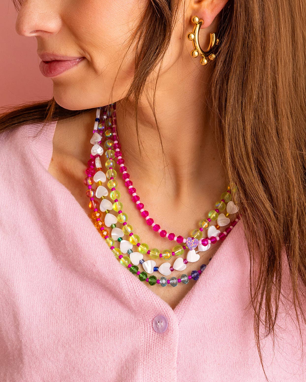 Beaded Necklace - Pink w/ Purple Opal Heart - Karley
