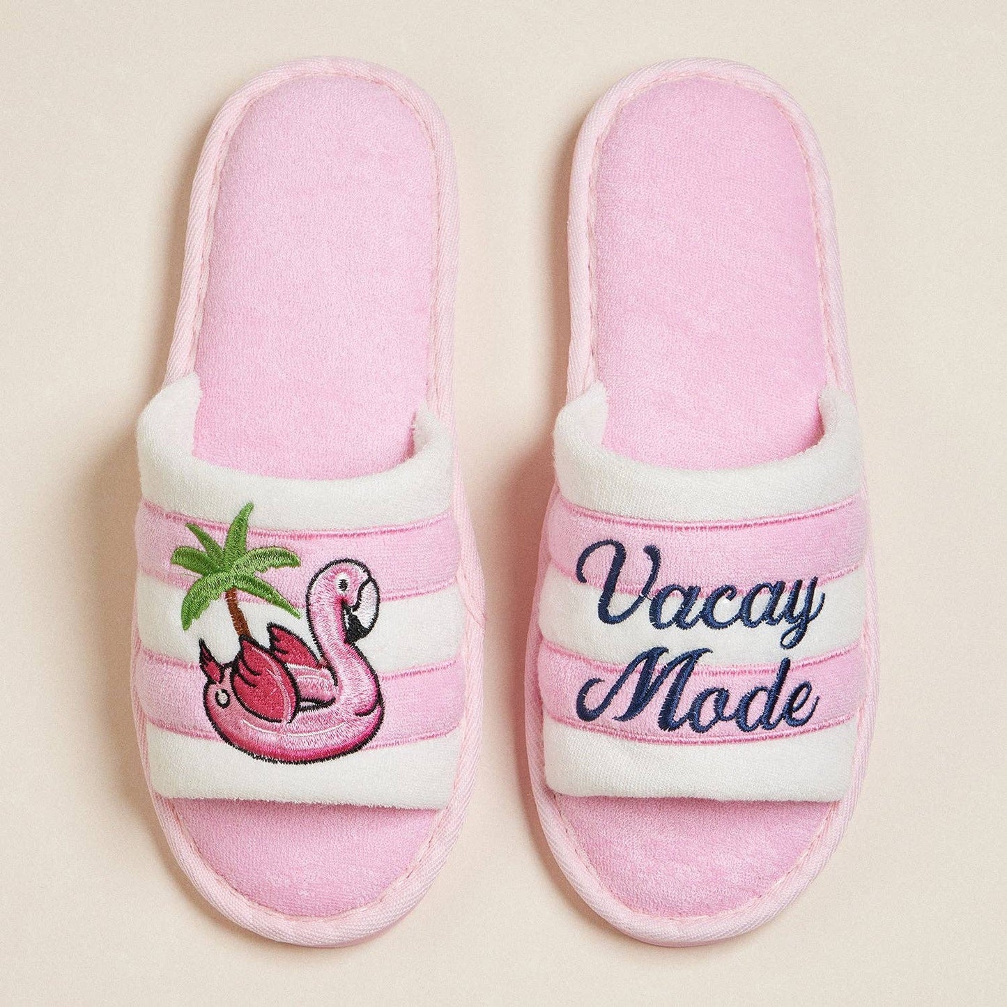 Pink Striped Slippers with Vacay Mode Flamingo