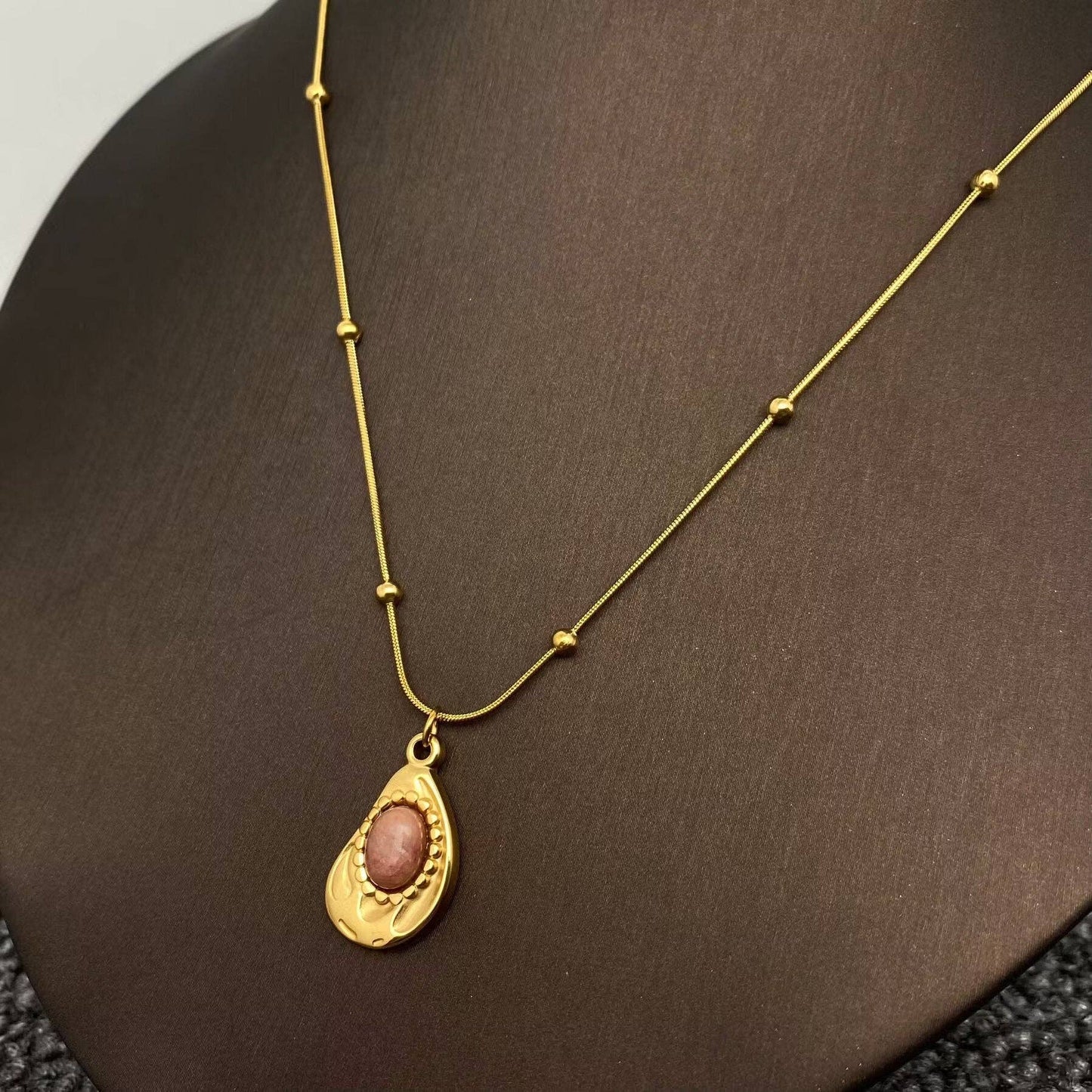 Geometric Rhodochrosite Charm 18K Golden Necklace