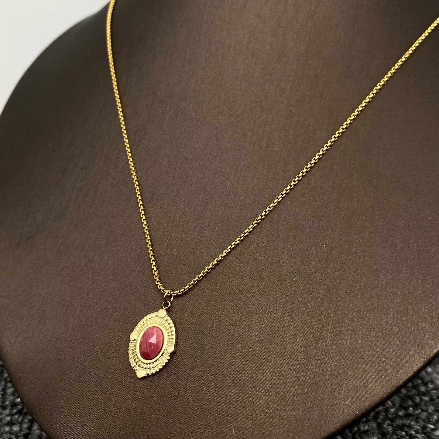 Geometric Rhodochrosite Charm 18K Golden Necklace
