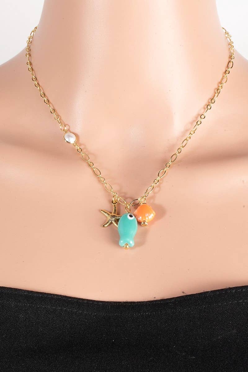 Starfish Pearl Clam And Fish Charms Chain Necklace