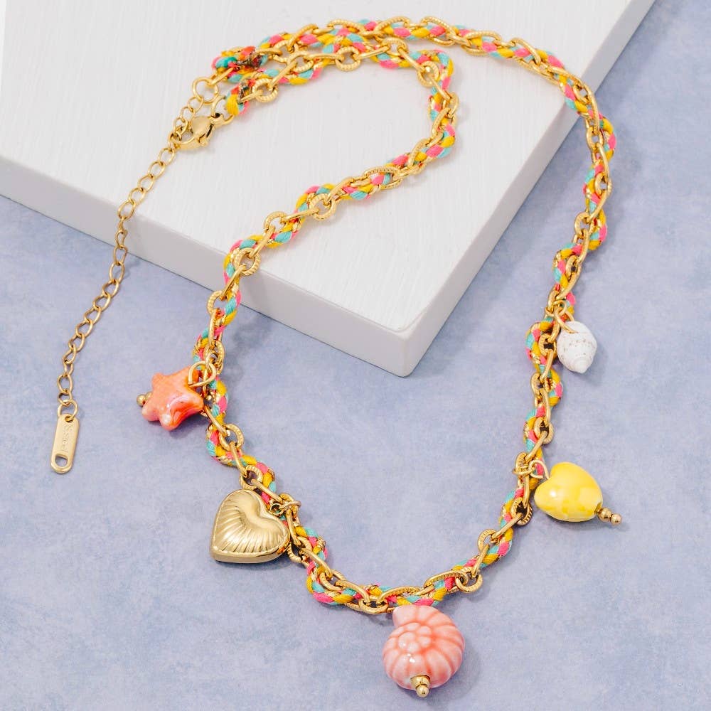 Stainless Steel Sea Life And Heart Charms Braided Necklace