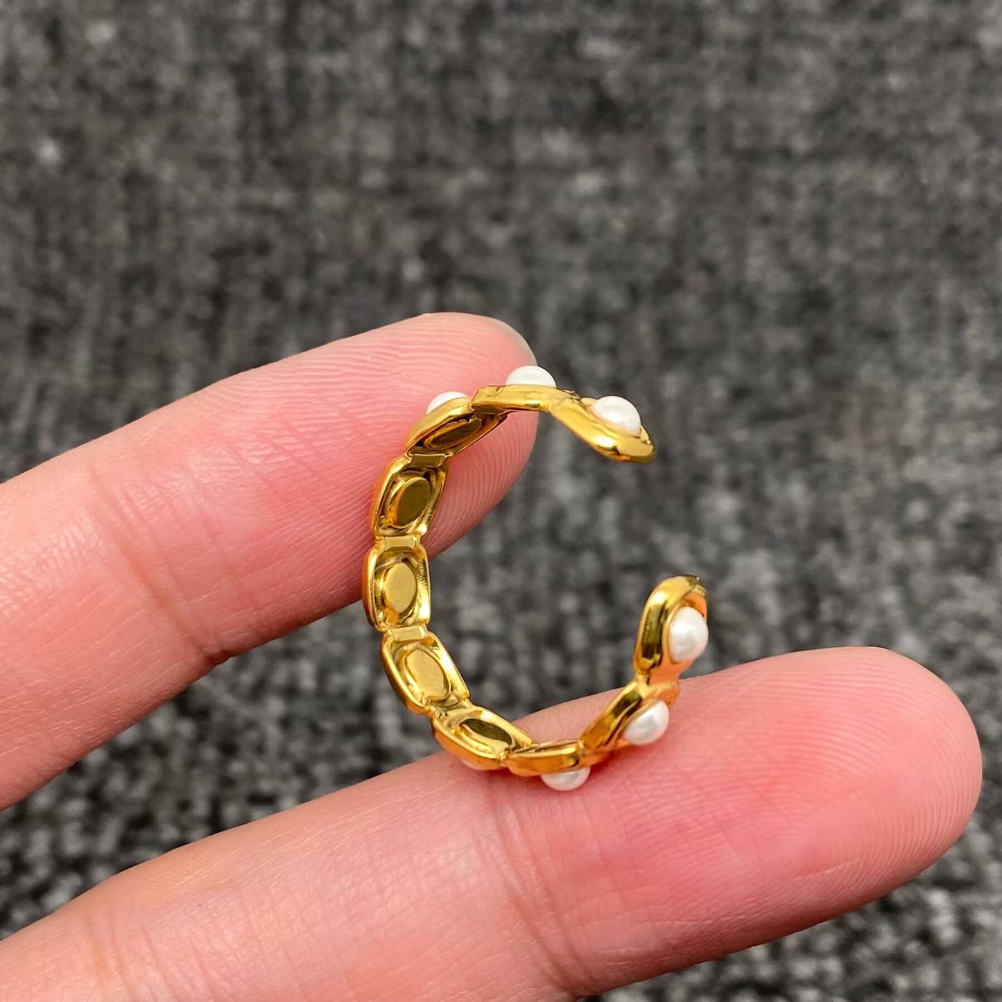 18K Golden Stainless Steel Adjustable Ring With Pearls - FGS