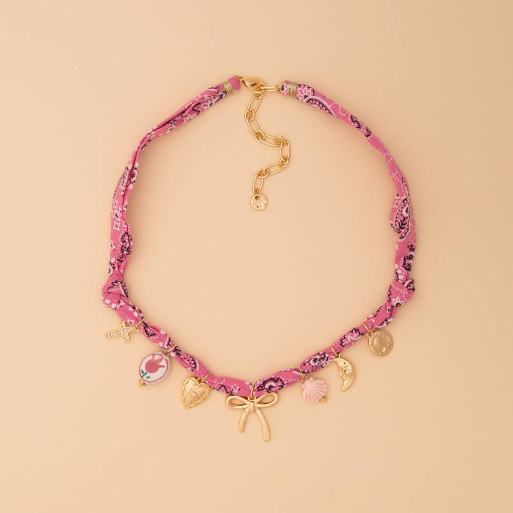 Bandana Necklace with Gold Bow and Charm Trinkets
