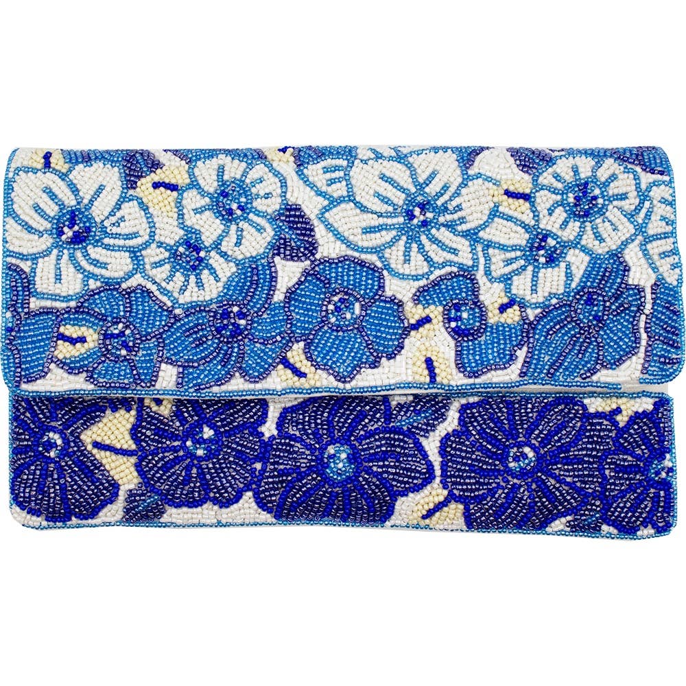 BLUE FLORAL BEADED CLUTCH