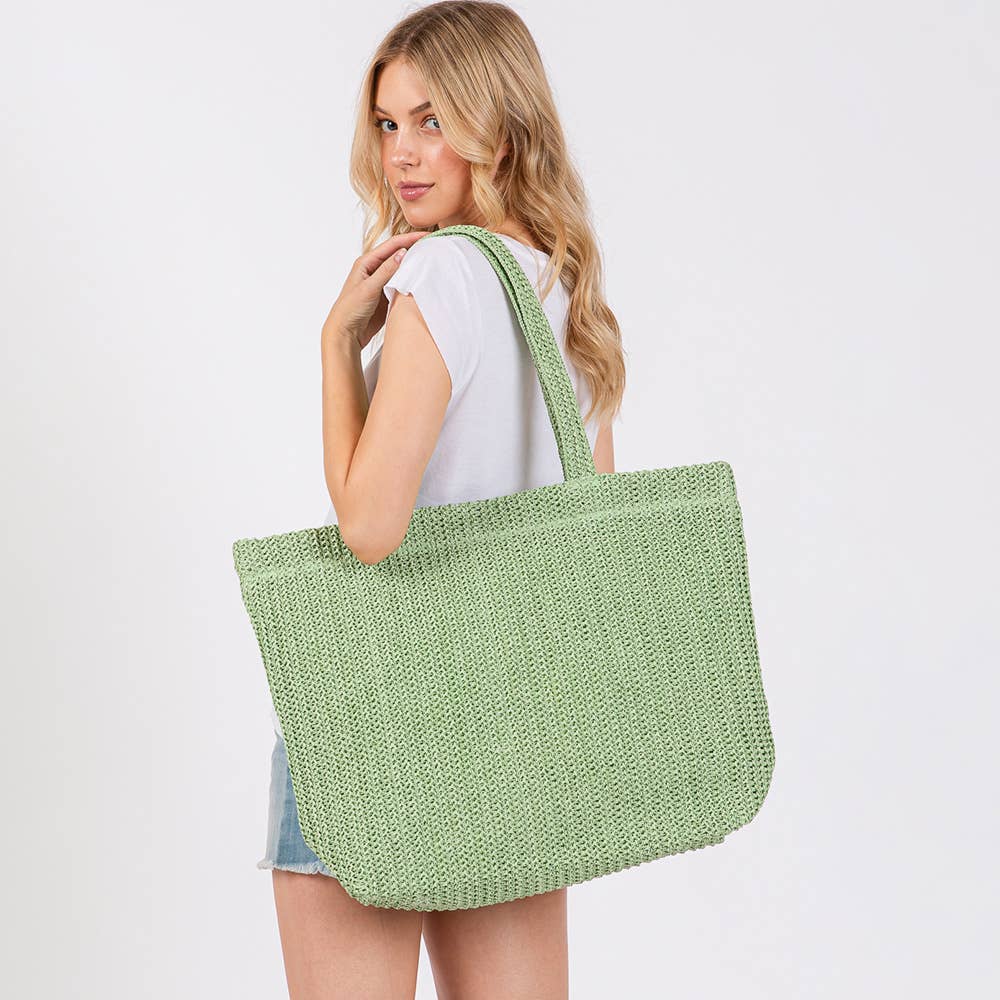 Solid Crochet Straw Tote Bag / Beach Bag