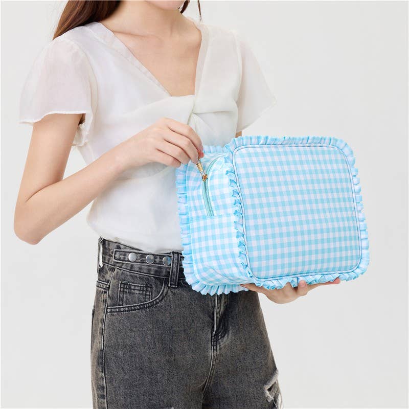 Ruffle Checker Striped Cosmetic Bag