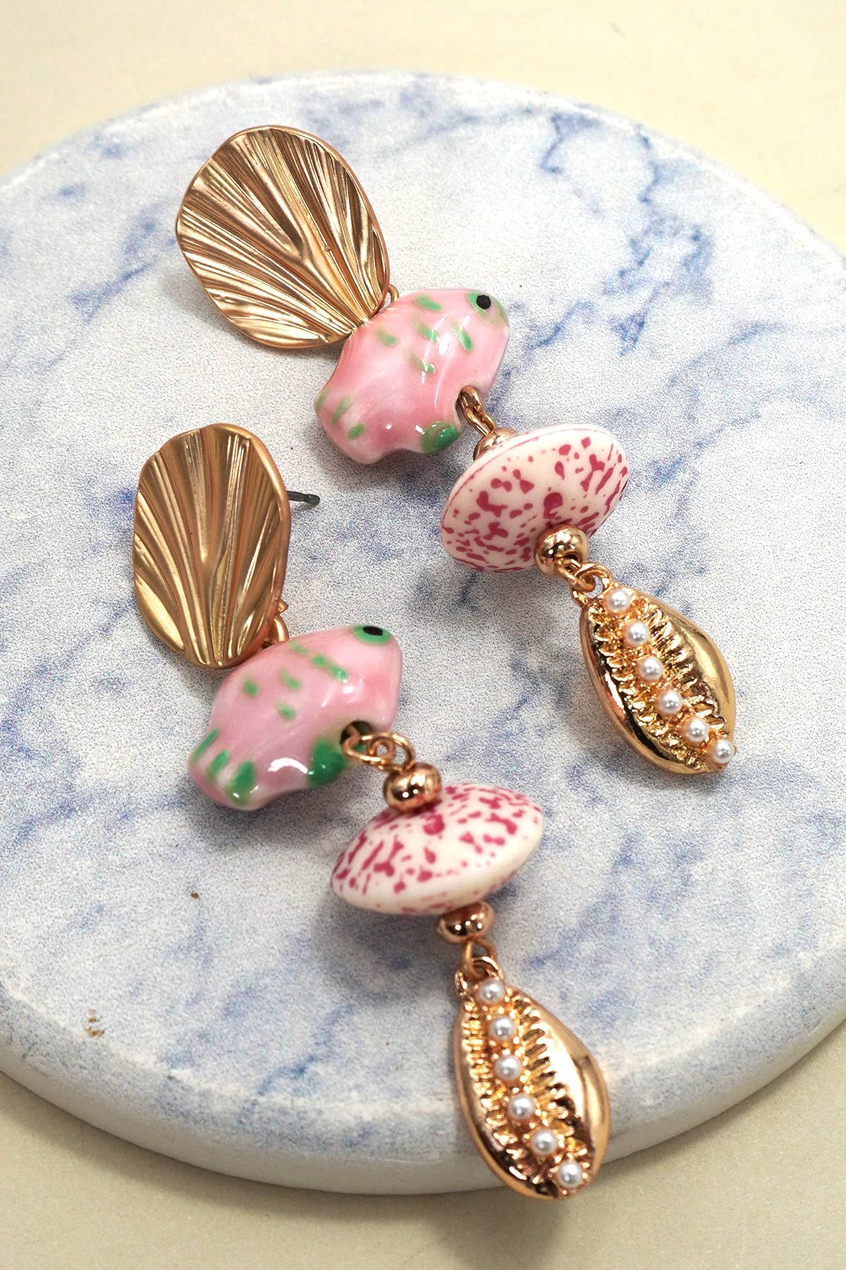 Pink Ceramic Porcelain Fish Drop Earrings