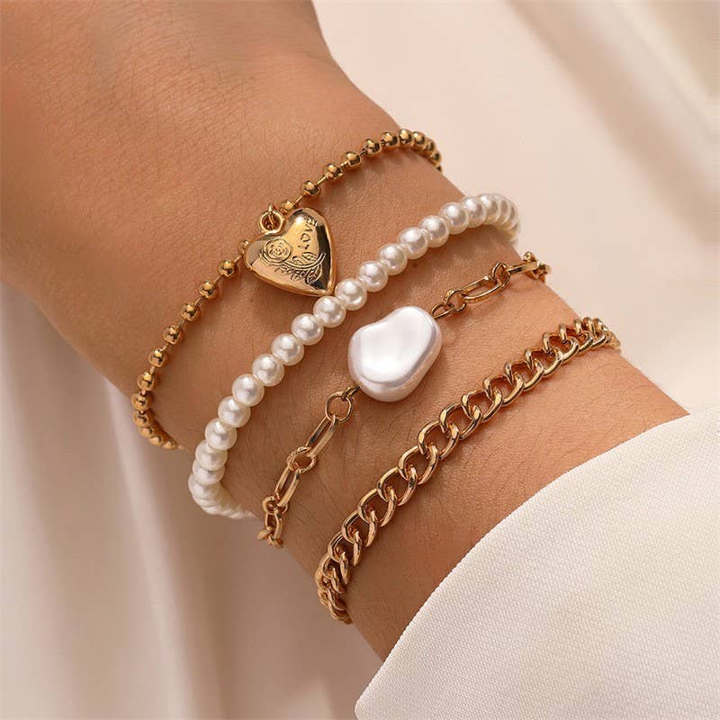 Heart & Pearl Link Bracelet Set