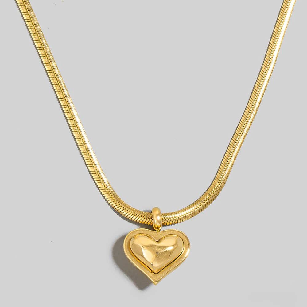 Stainless Steel Heart Pendant Herringbone Chain Necklace