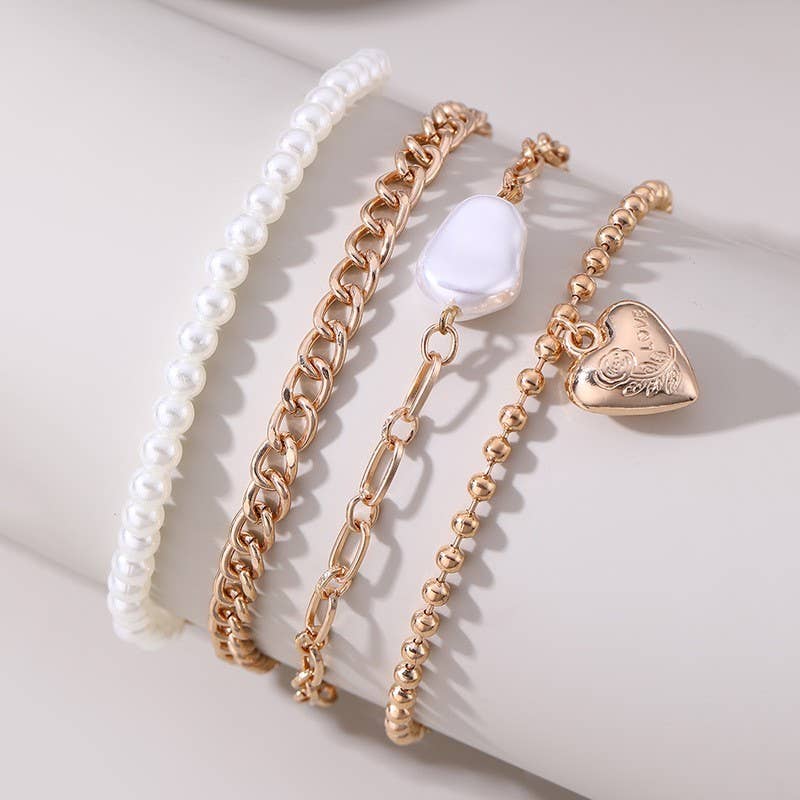Heart & Pearl Link Bracelet Set