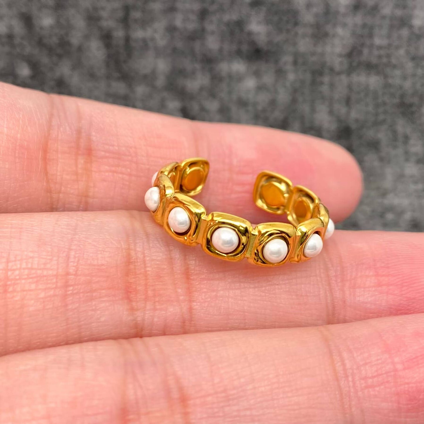 18K Golden Stainless Steel Adjustable Ring With Pearls - FGS