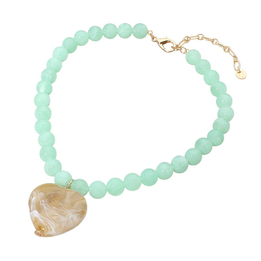 Chunky Marbled Resin Heart Charm Beaded Necklace