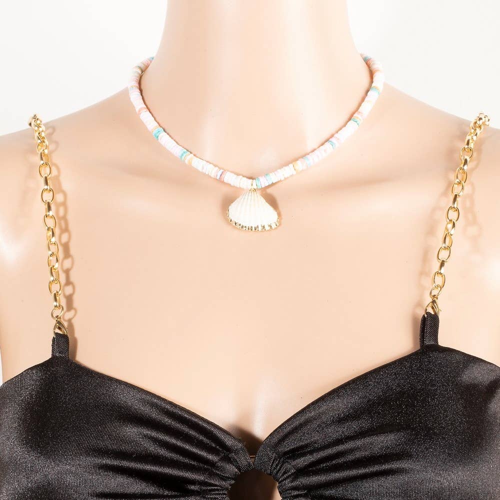 Metallic Dip Clam Shell Pendant Disc Beaded Necklace