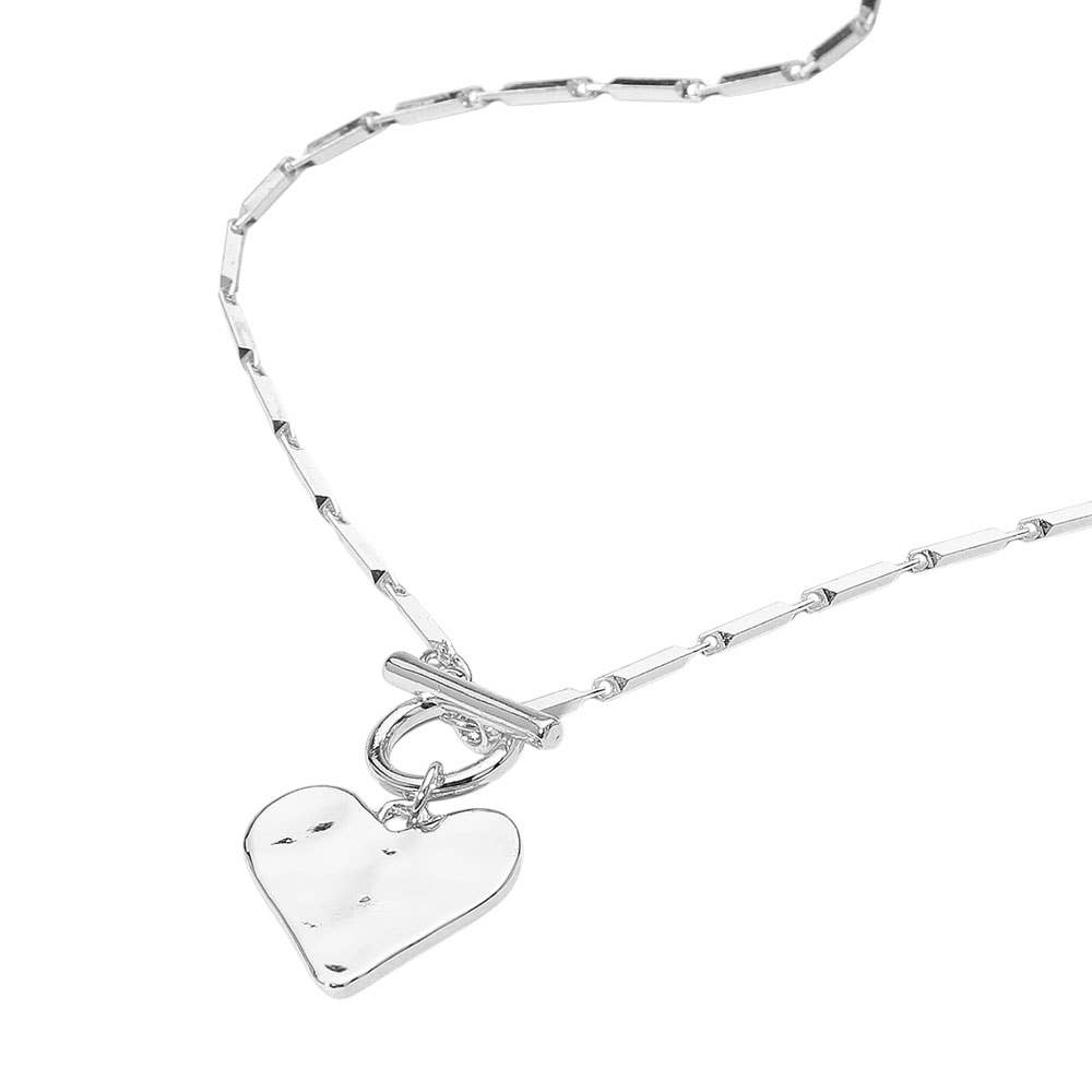 Hammered Metal Heart Pendant Toggle Necklace