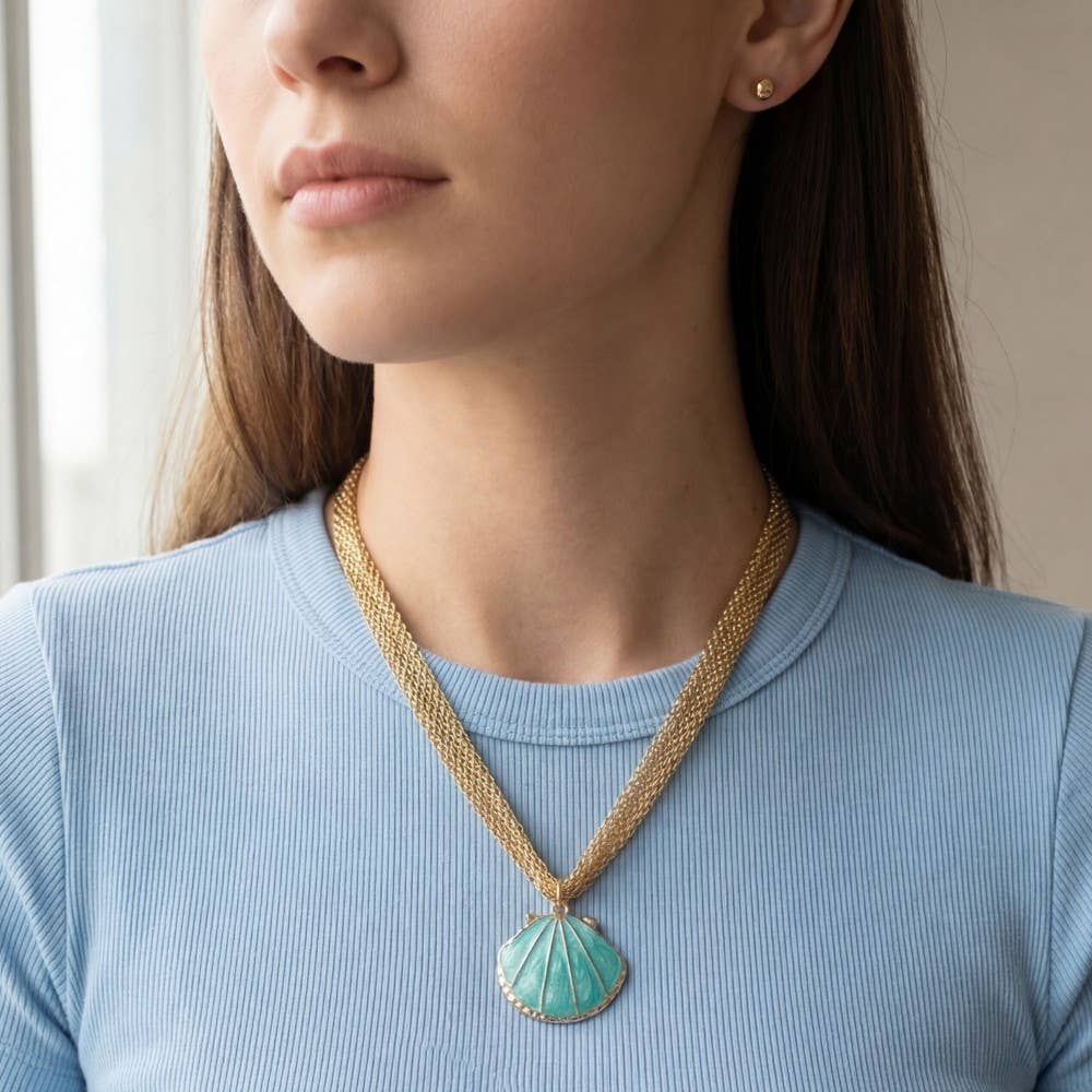 Enamel Seashell Pendant Multi Chain Necklace