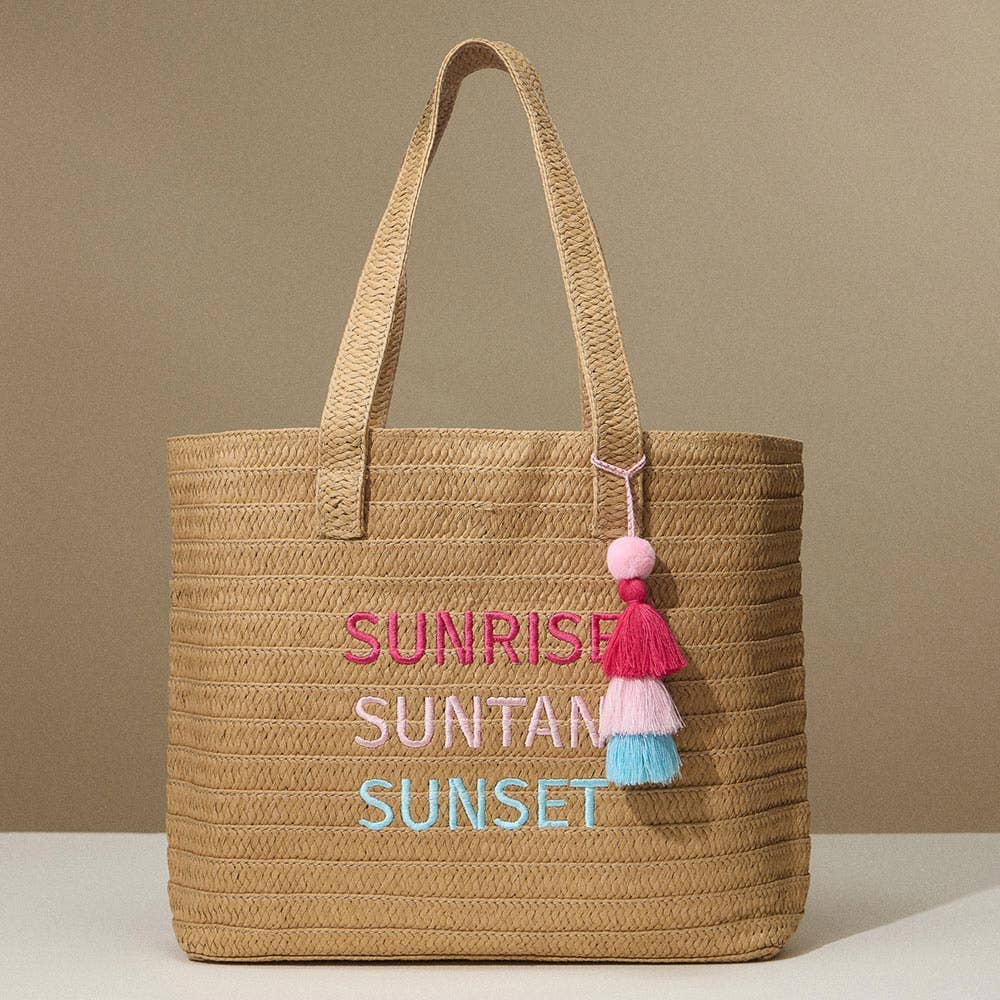 Raffia SUNRISE SUNTAN SUNSET Message Embroidered Summer Tote
