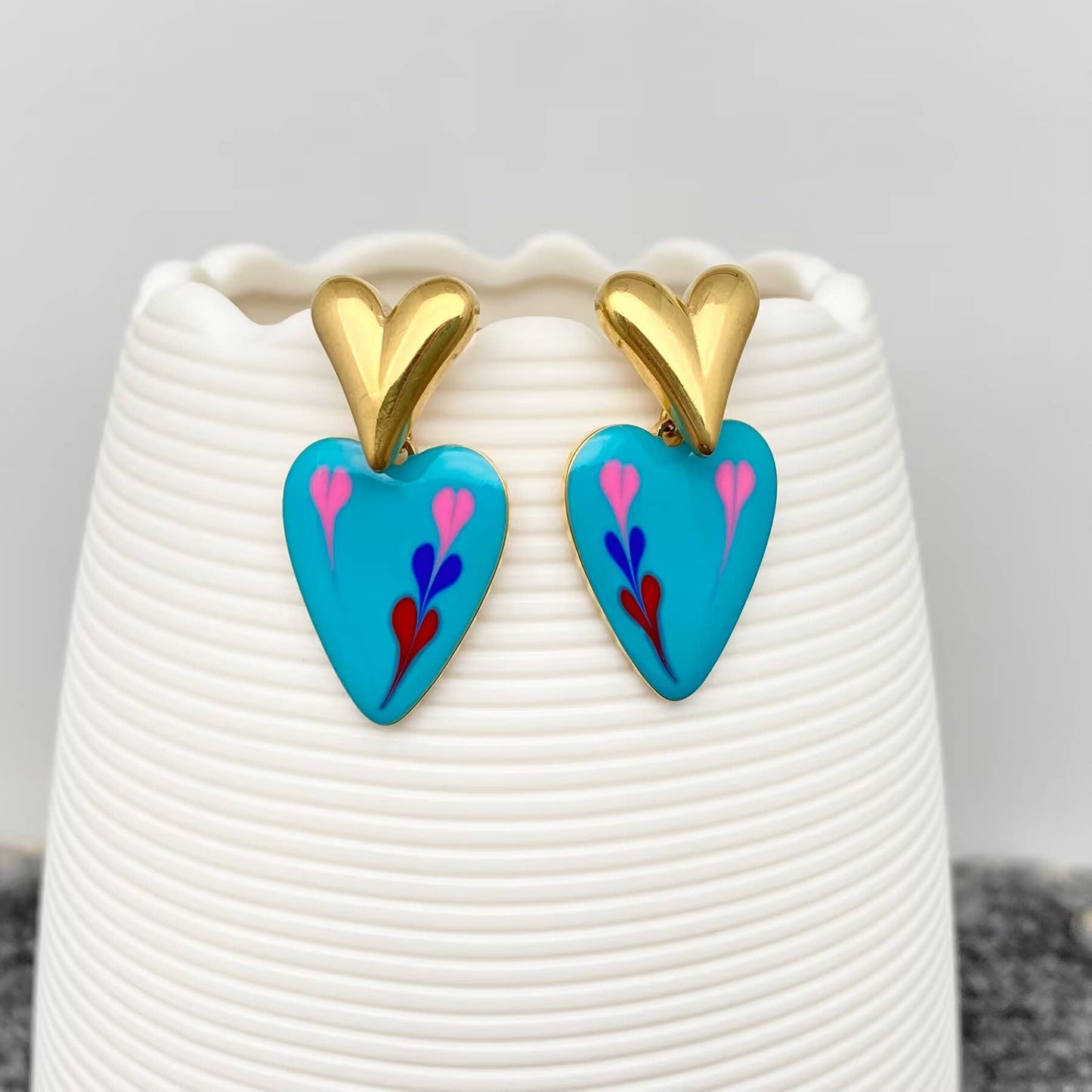 Enamel Heart Charm 18K Gold Plated S.Steel Earrings - FGS