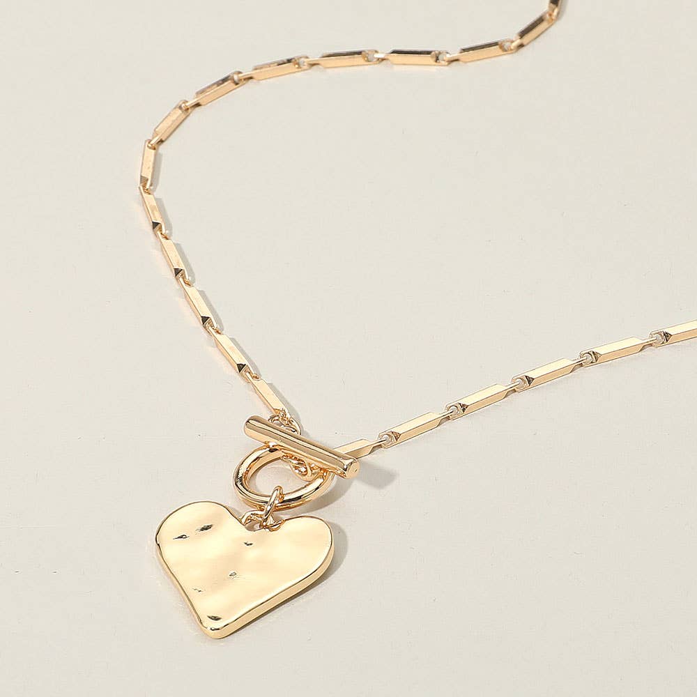 Hammered Metal Heart Pendant Toggle Necklace